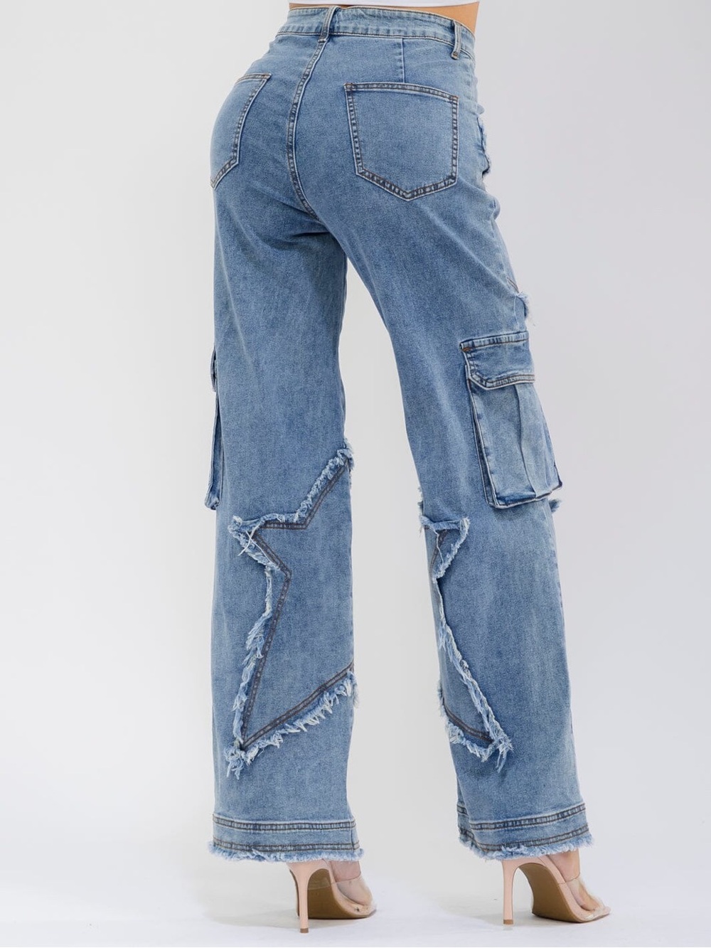 Frayed Patchwork Wide-Leg Jeans - Blue - Picture 4 of 5